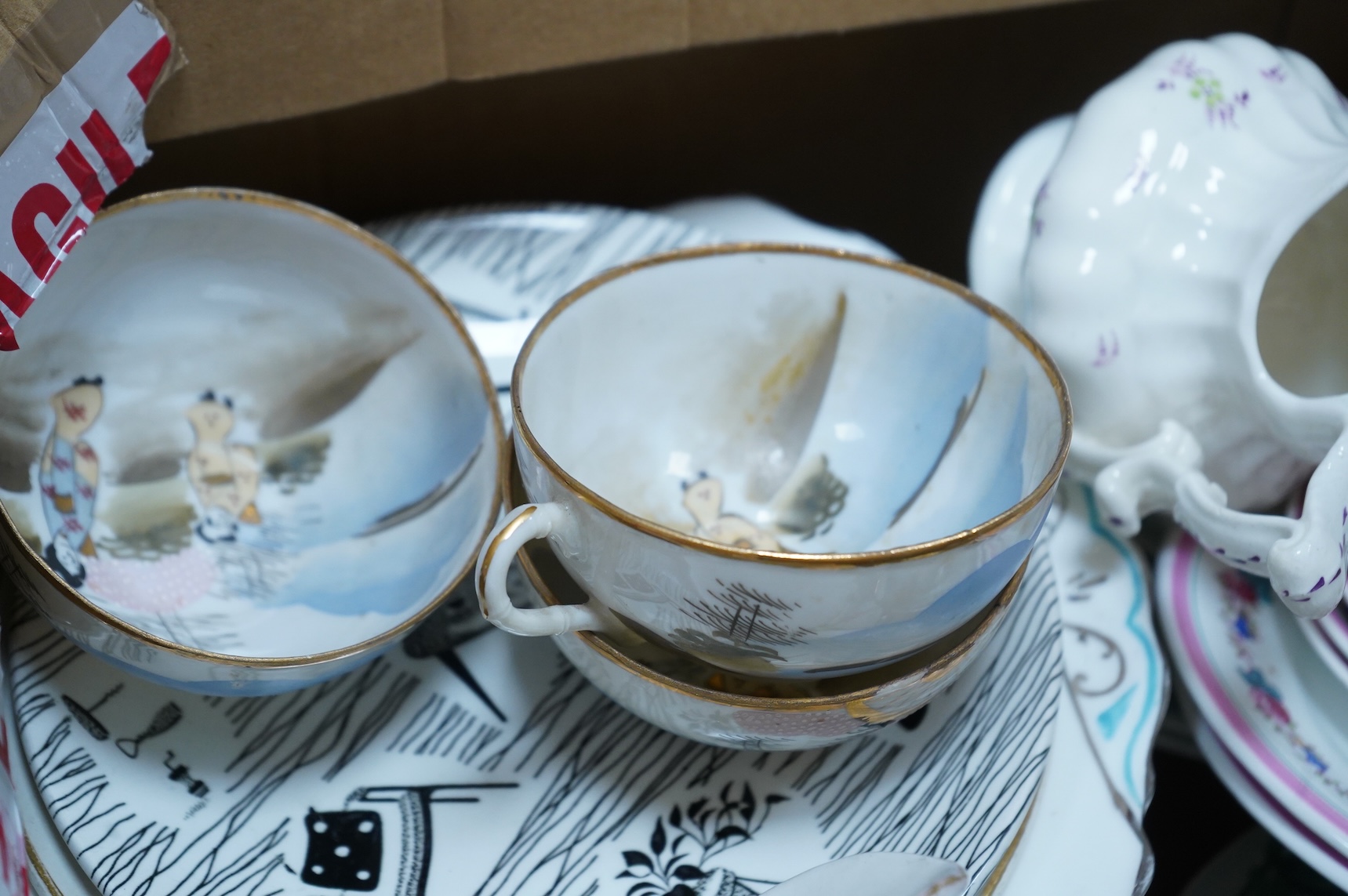 A large collection of various ceramics to include a Ridgways Homemaker plate, Japanese tea set and stoneware jugs